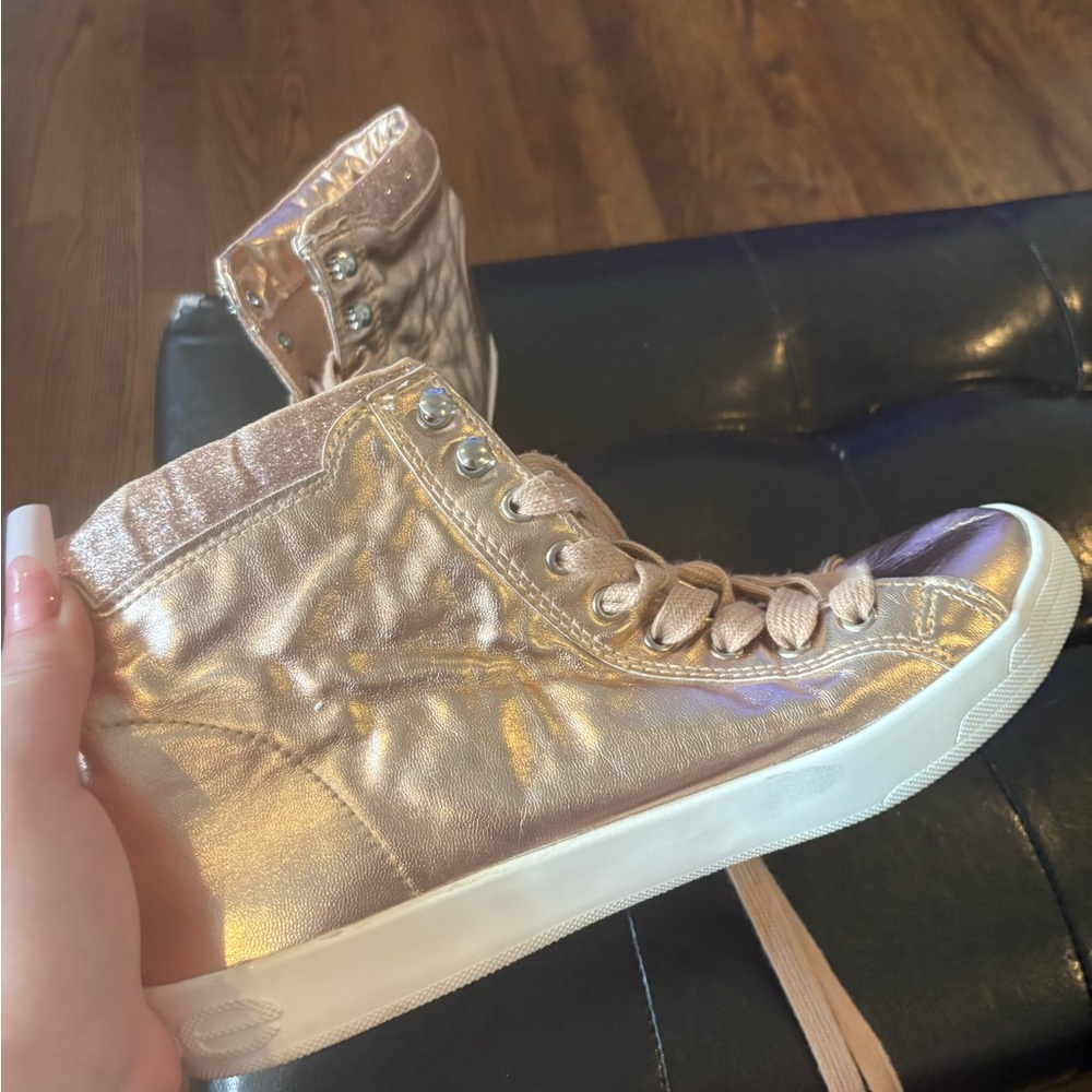 bebe Metallic Rose Gold High-Top Sneakers with Crystal Logo - Picture 3 of 8